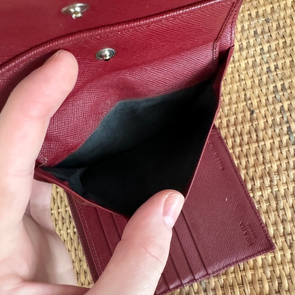 Prada Tessuto Saffiano Logo Nylon Trifold Leather Wallet Red Authentic - Picture 7 of 12